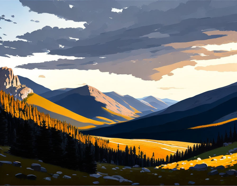 Mountain landscape illustration: vibrant sunset shadows, golden hills, dramatic sky
