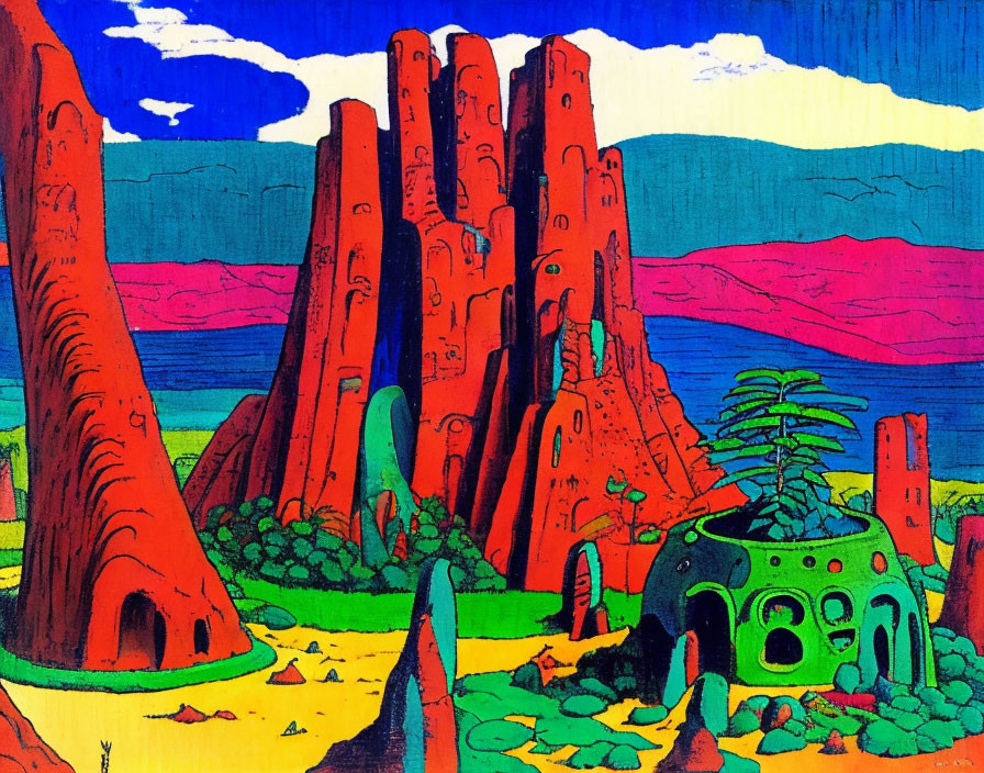 Vibrant Landscape with Red Rock Formations and Blue Sky