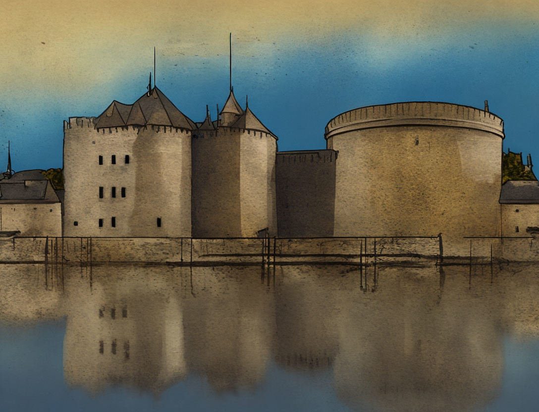 Medieval castle with towers reflected in water, vintage muted color palette