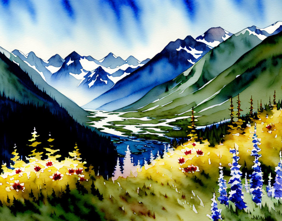 Mountainous Landscape Watercolor with River and Wildflowers