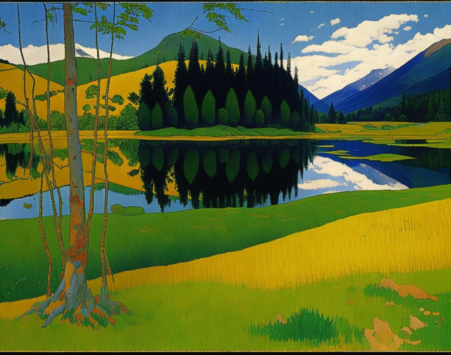 Serene landscape painting with reflective lake, green hills, yellow fields, and diverse trees