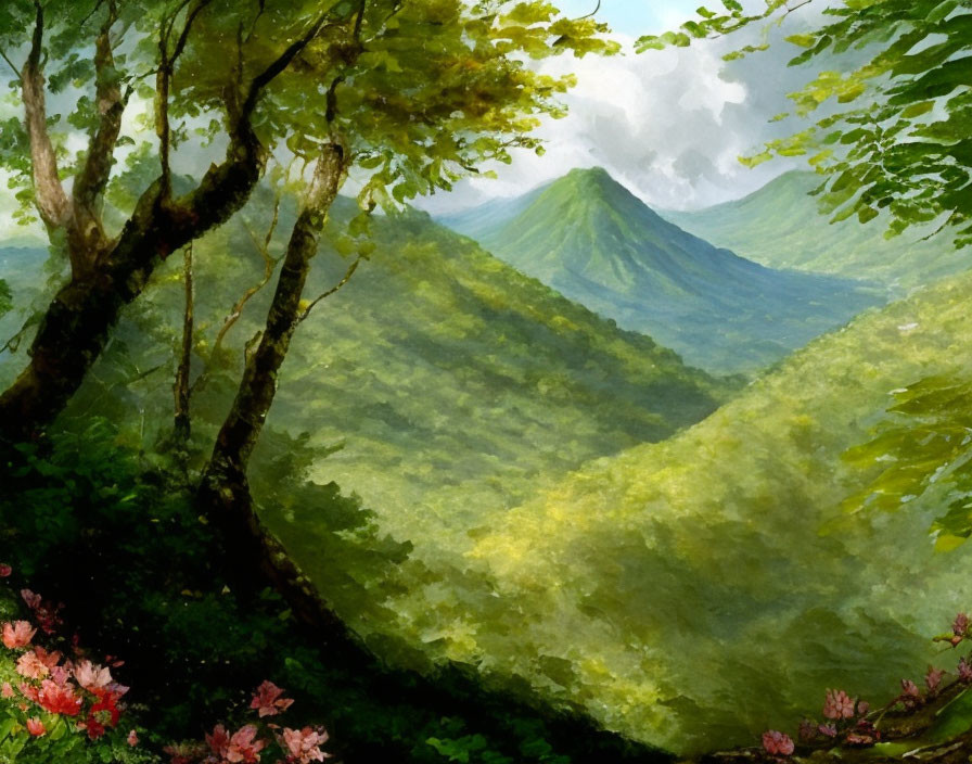 Vivid Forest Scene: Green Foliage, Mountain, Pink Flowers