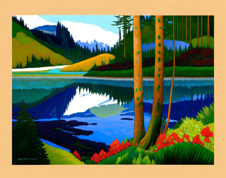 Scenic painting of tranquil lake, colorful trees, lush foliage, mountains under clear sky