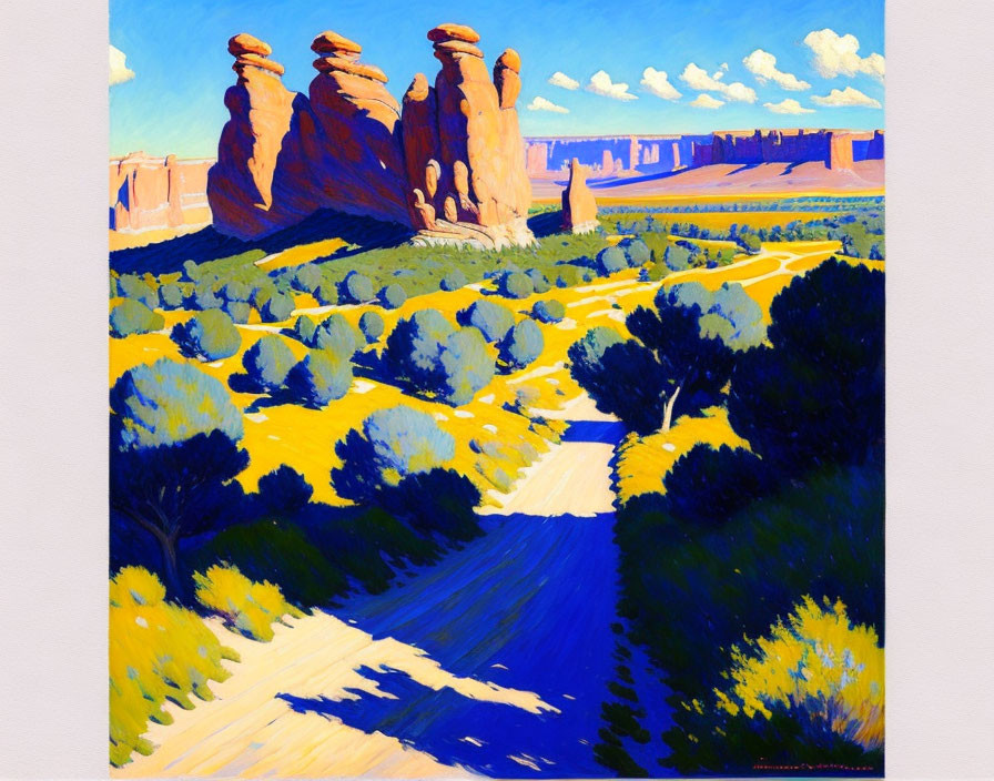 Desert landscape painting with rock formations and green shrubbery
