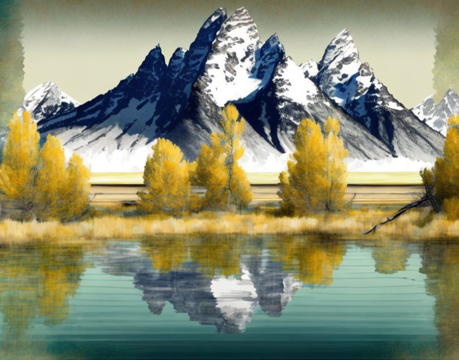 Golden Trees, Calm Lake, Snow-Capped Mountains: Autumnal Scene