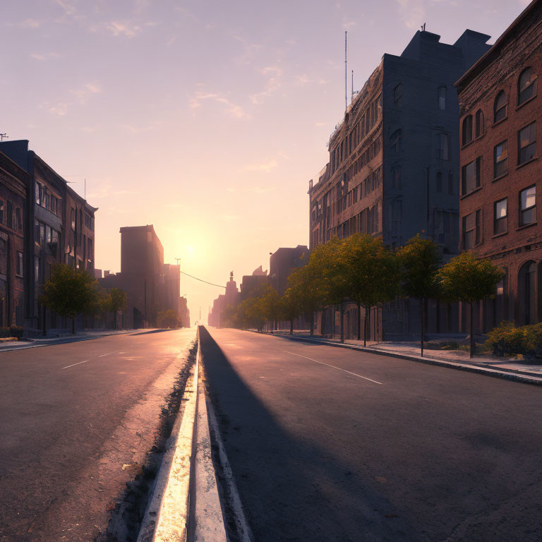 Empty Urban Street at Sunrise with Long Shadows