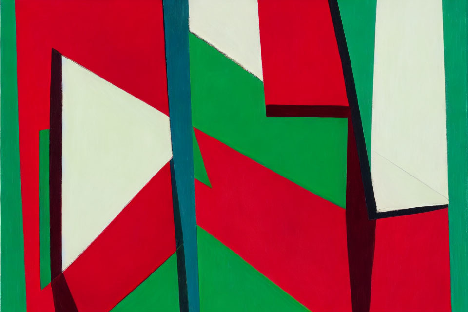 Geometric abstract painting in red, white, and green on green background