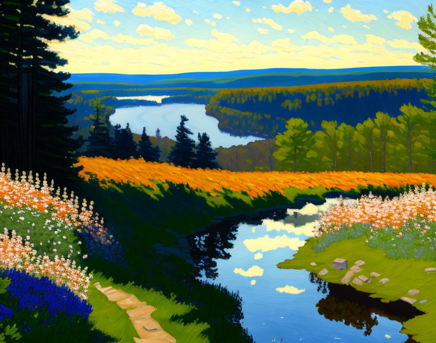 Scenic painting of blue river, dense woods, flower fields, clear sky