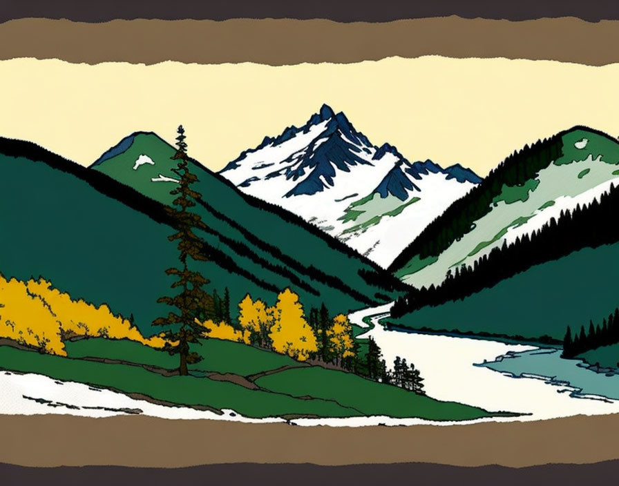 Mountain Landscape Illustration: Snowy Peaks, Green Hills, River, Autumn Trees