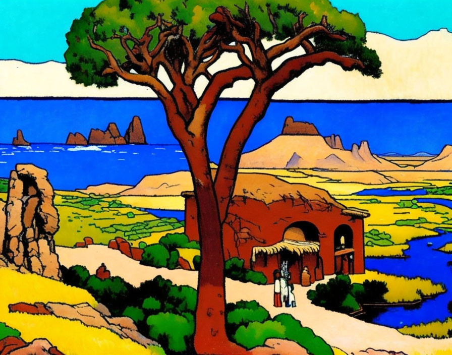 Colorful Stylized Landscape with Large Tree, Building, and Sea View