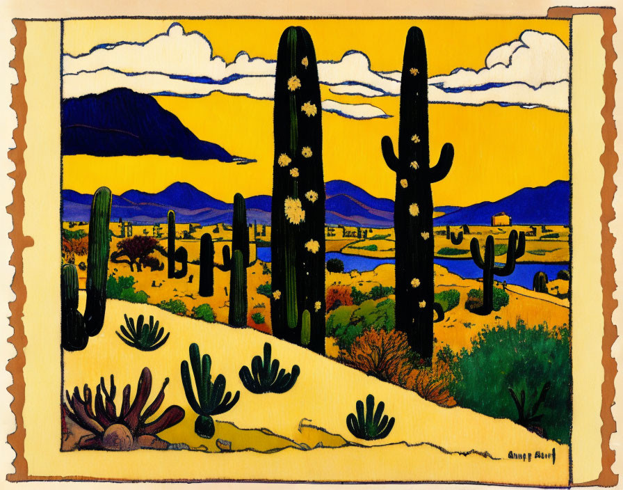 Vibrant desert landscape painting with cacti, mountains, and blue sky