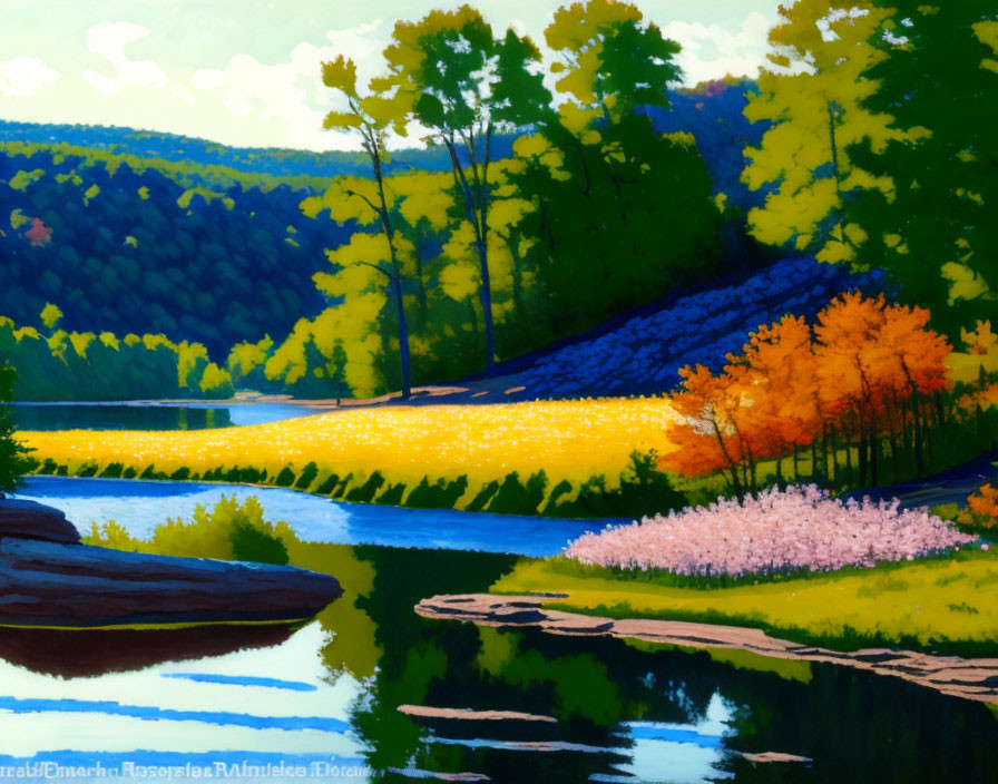 Colorful Landscape Painting of Tranquil River and Seasonal Trees