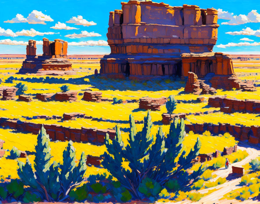 Desert landscape painting with rock formations and wildflowers