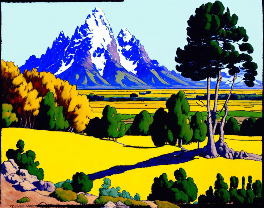 Scenic landscape with snow-capped mountains, diverse trees, and yellow flowers
