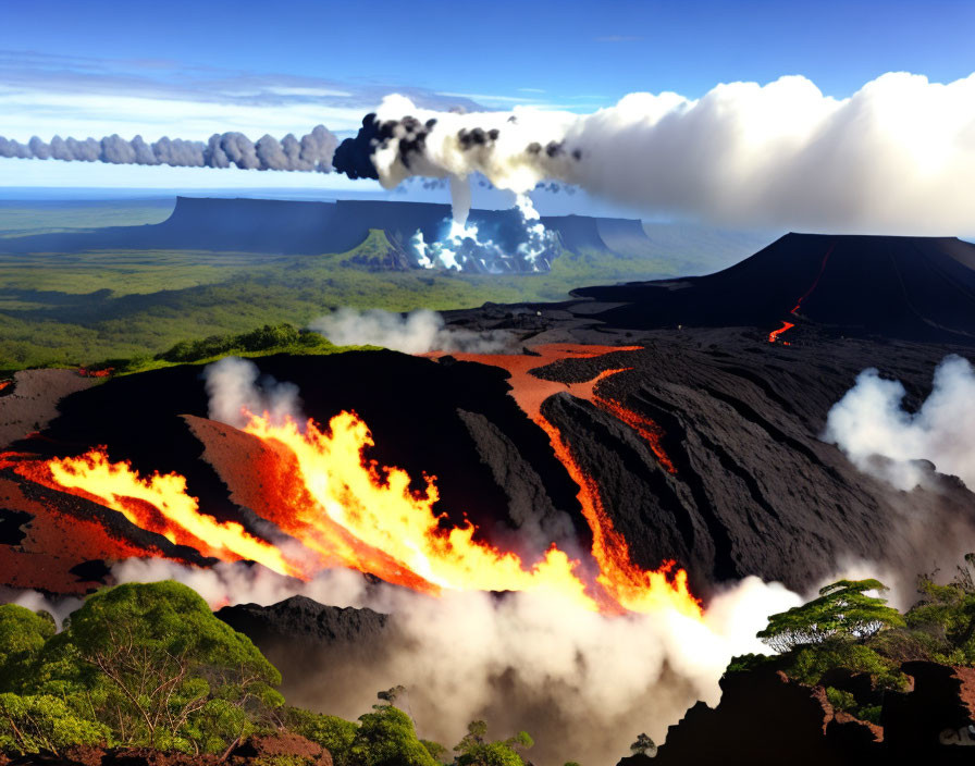 Volcanic landscape with flowing lava, smoke, and mountains in the distance