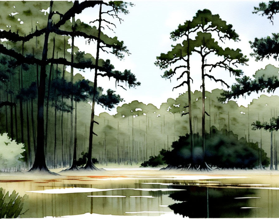 Tranquil watercolor painting of serene forest scene