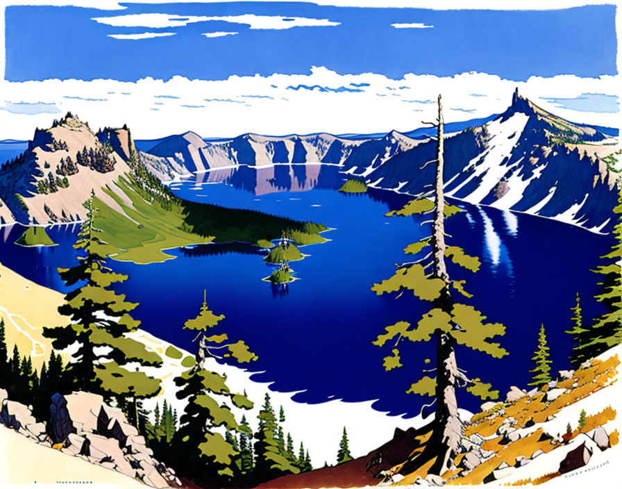Scenic illustration of Crater Lake with island, cliffs, and trees