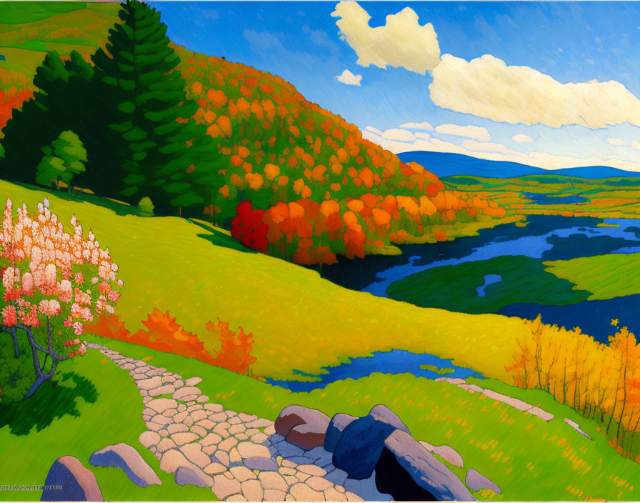 Vibrant landscape painting: path to river, autumn trees, blue sky