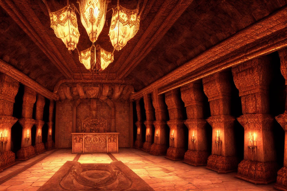 Intricate underground chamber with glowing torches and decorative altar