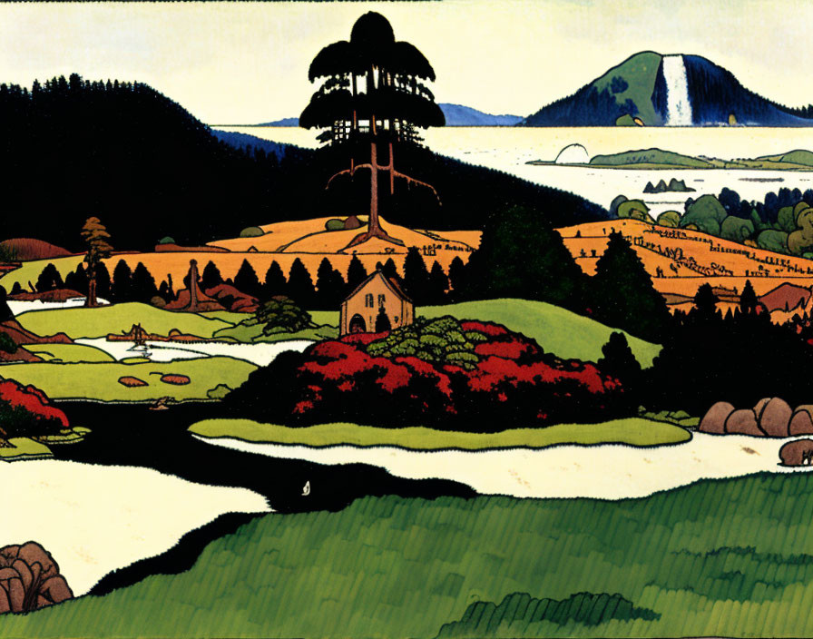 Stylized landscape with dominant tree, red foliage, house, bold outlines, flat colors.