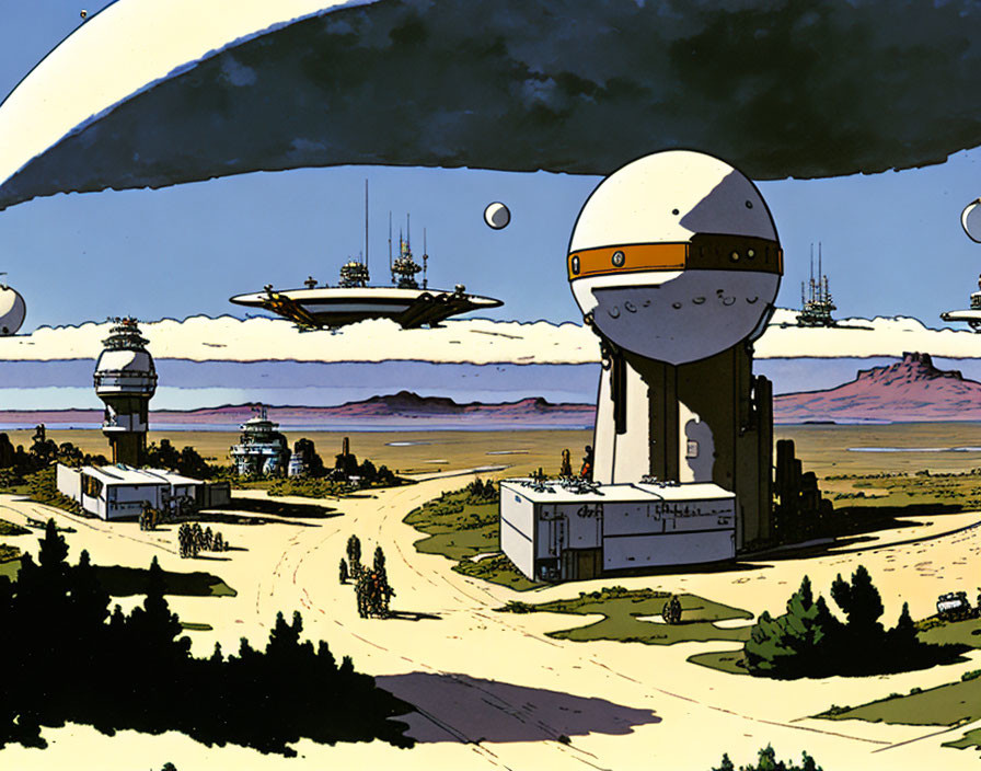 Futuristic desert scene with spherical structures and flying vehicles