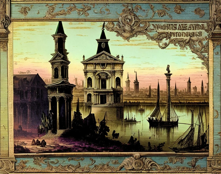 Classic waterfront scene with towers, central building, boats, and statue in vintage illustration