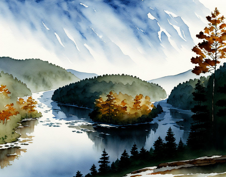Autumnal trees in serene river landscape with mountains