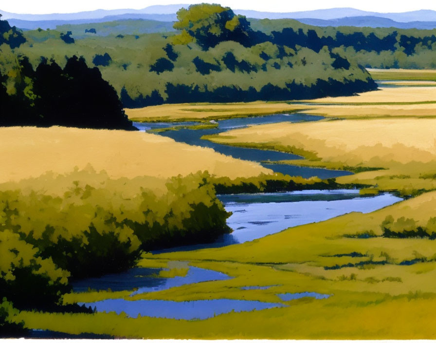 Vibrant landscape painting of meandering river through lush green fields