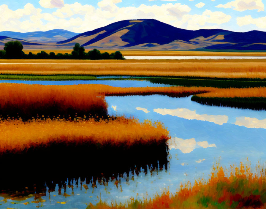Vibrant landscape painting: river, golden fields, rolling hills, cloudy sky
