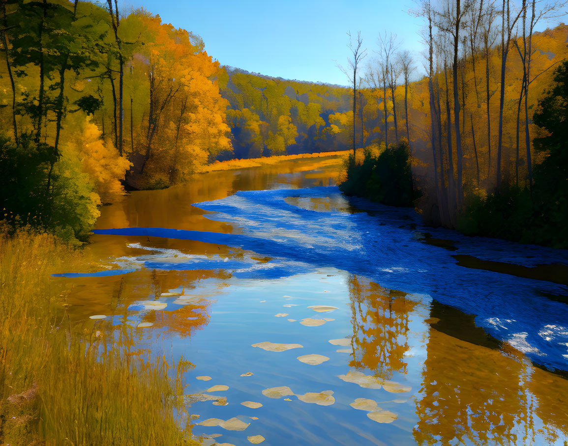 Golden-hued trees reflected in serene blue river - Autumn scene