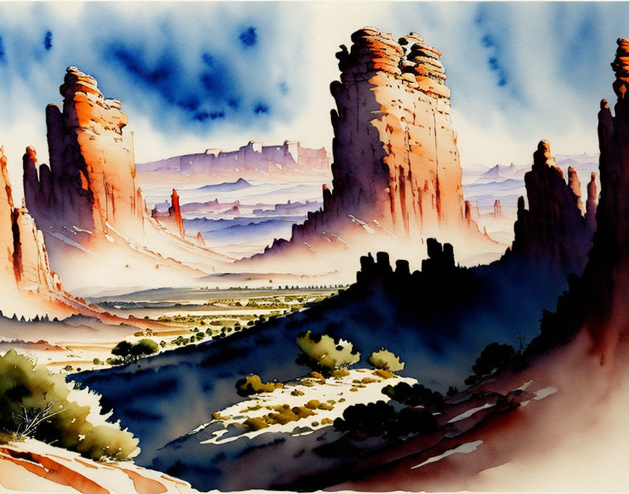 Desert landscape watercolor with red rocks, river, and greenery