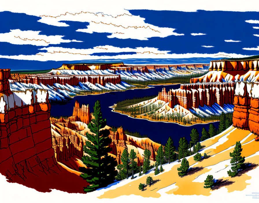 Vibrant illustration of canyon with red rocks, river, pine forests