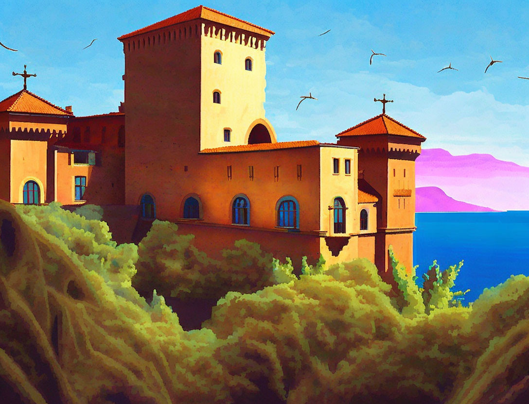 Vibrant digital painting: Mediterranean castle by the sea
