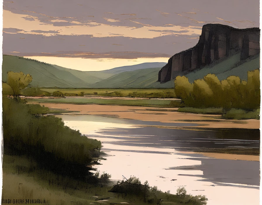 Tranquil landscape painting: reflective river, lush greenery, towering cliff, pastel sunset sky