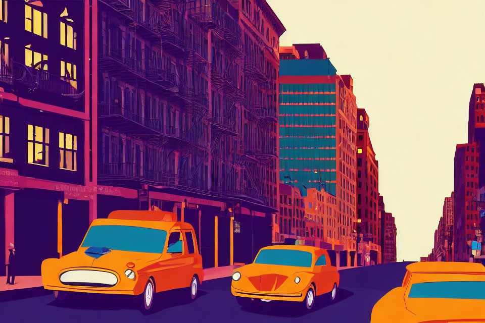 Vibrant cartoonish street scene with colorful taxis and buildings