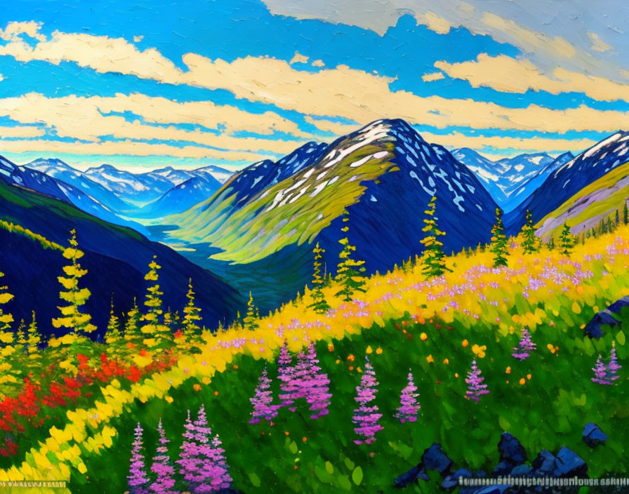 Colorful Mountain Landscape Painting with Meadow and Valley
