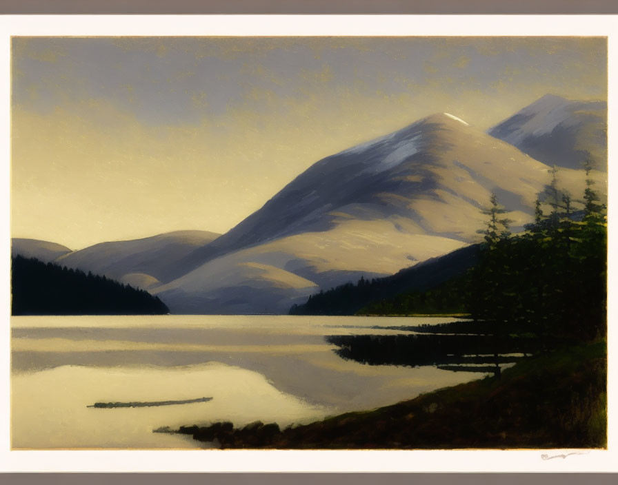 Tranquil painting of serene lake, mountains, soft sunlight, and trees