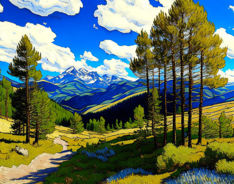 Colorful landscape painting with pine forest path and distant mountains under cloudy sky