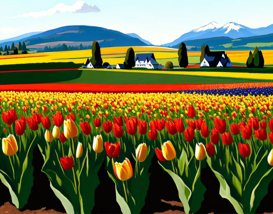 Vibrant tulip field with farm landscape, mountains, and blue sky