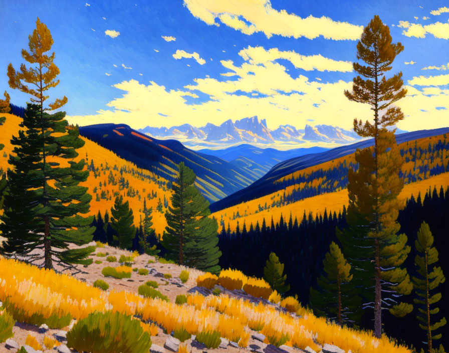 Colorful forest landscape with tall green and yellow trees under a blue sky and distant snow-capped mountains