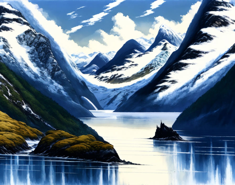 Tranquil landscape with snowy mountains and calm lake