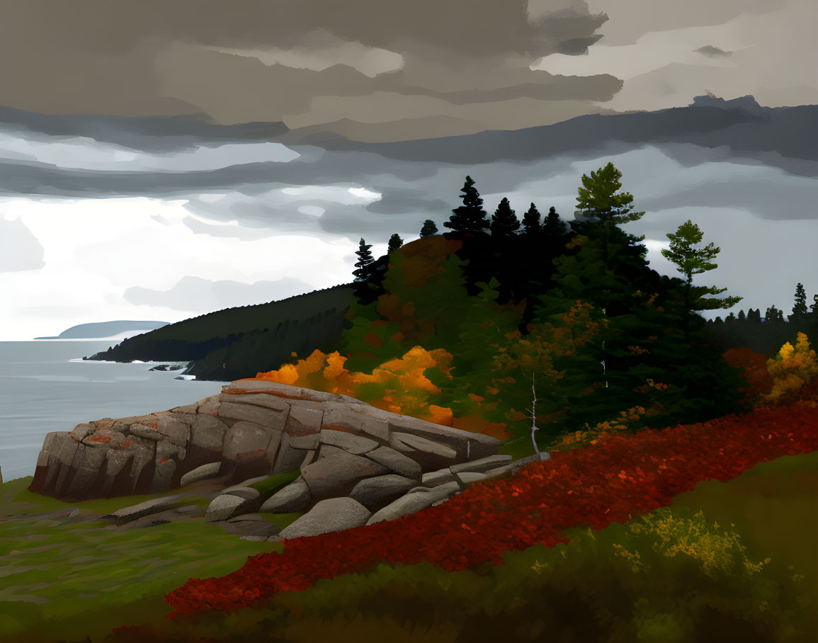 Dark Clouds Over Rocky Coastal Landscape with Autumn Trees