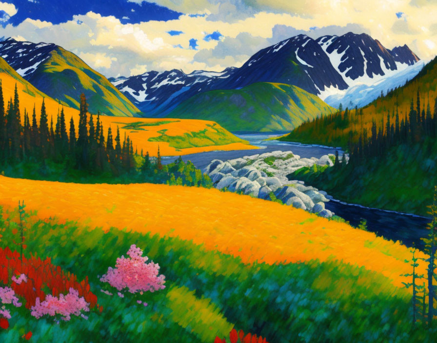 Scenic painting of yellow flower field, river, mountains, forests, and snowy peaks