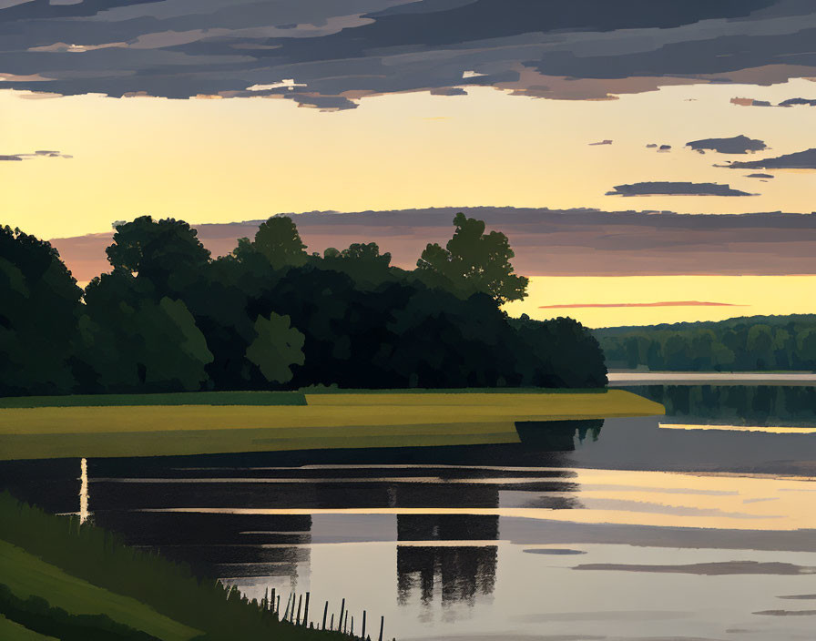 Illustrated dusk landscape: serene lake, reflective trees, warm cloudy sky