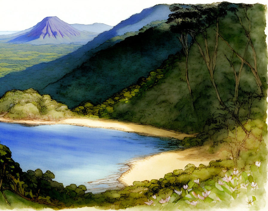 Tranquil watercolor landscape of serene lake, lush greenery, beachfront, and distant mountain