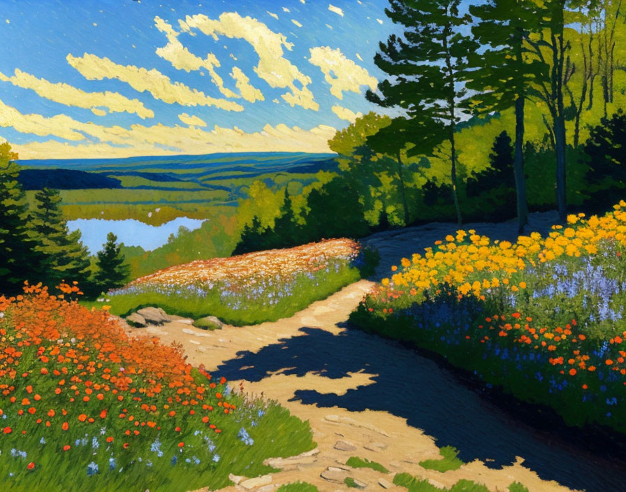 Scenic painting of sunny landscape with lake