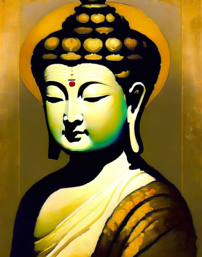 Vibrant Buddha Figure with Golden Halo in Green and Yellow