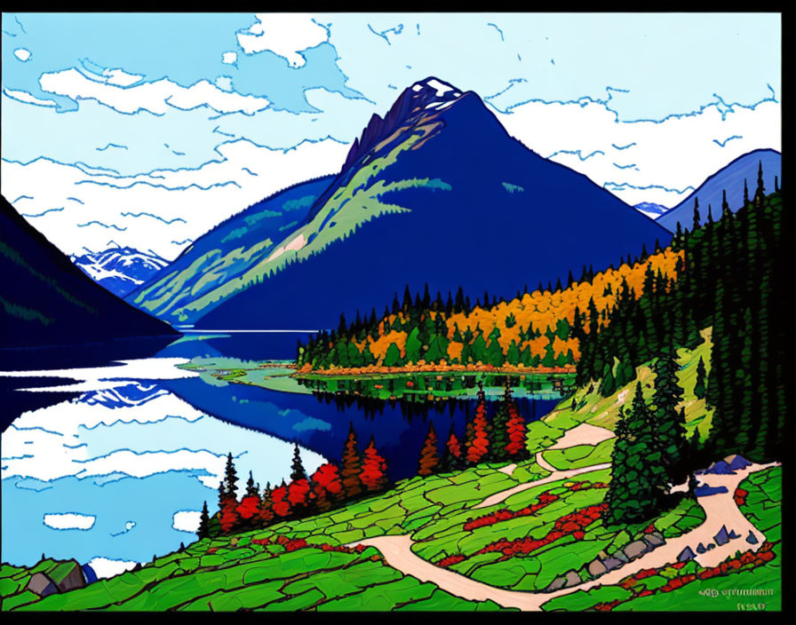 Colorful mountain landscape with lake and trees in vibrant illustration