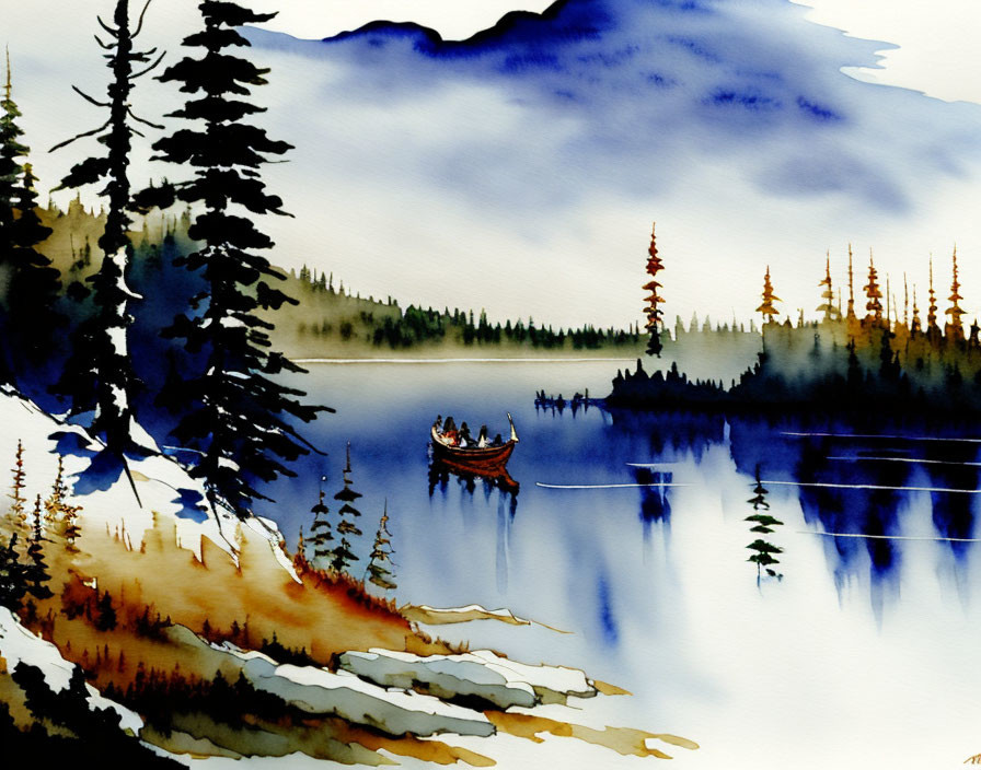 Tranquil lake scene with two people rowing a canoe