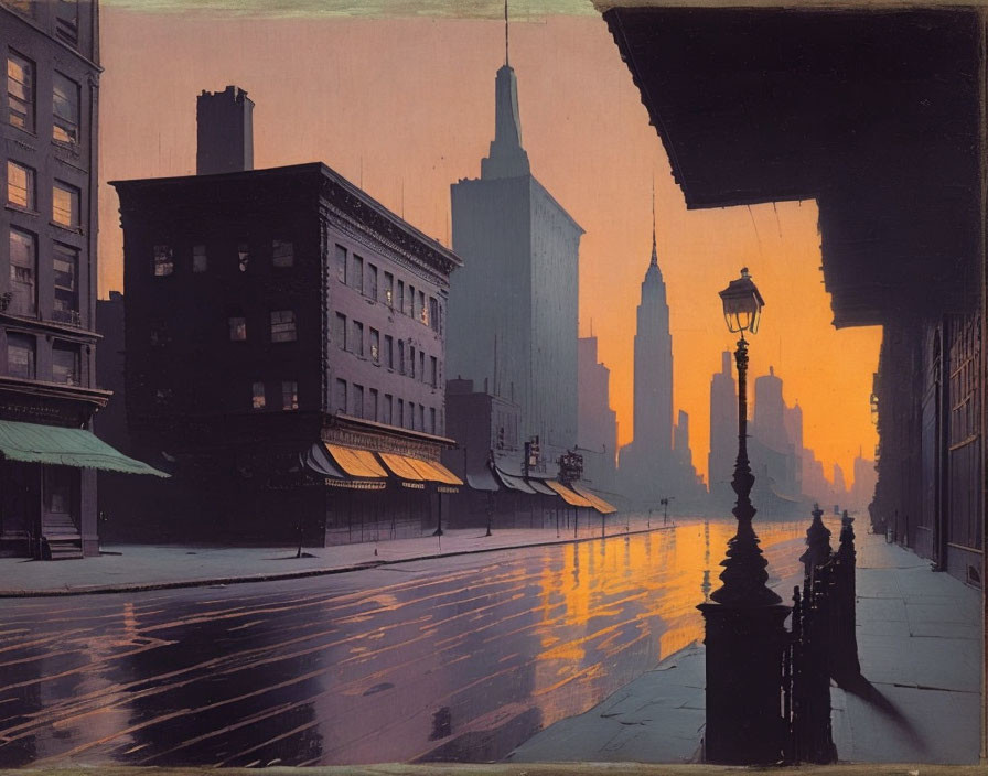 Cityscape with prominent tower and wet streets reflecting orange hues